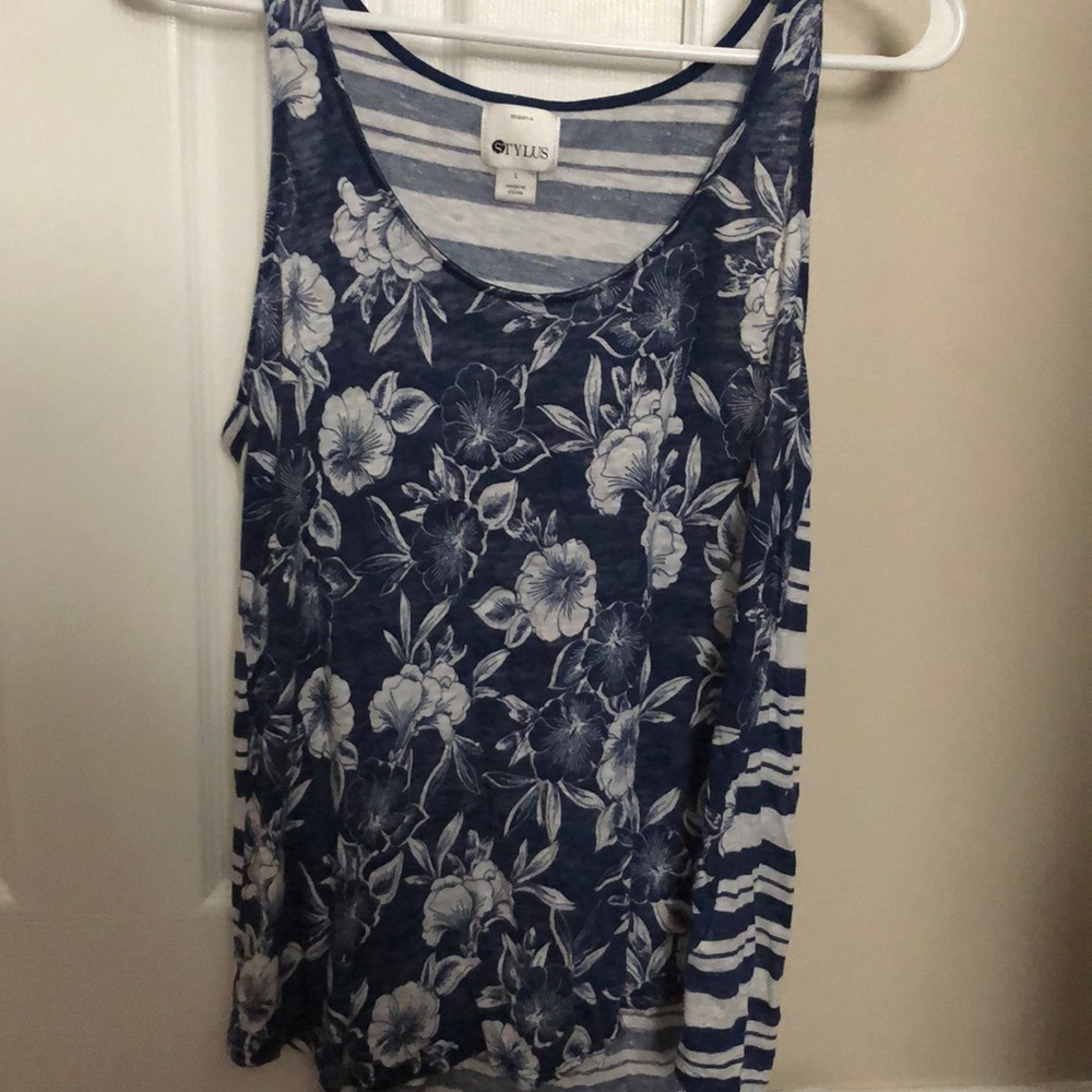 A white and blue tank top
